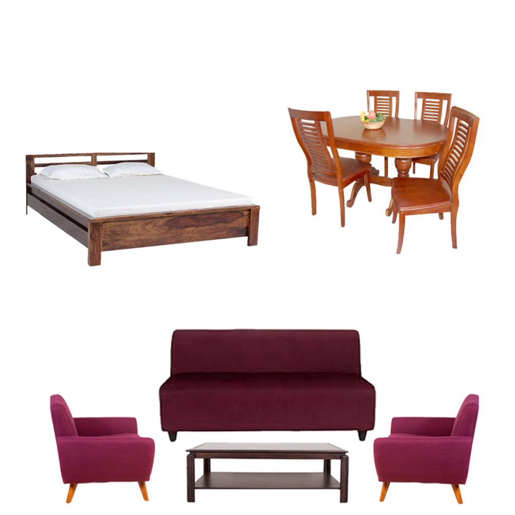 Rent Sofa Set with Center Table (3+1+1 Seater), Dining Table with Chairs (4 Seater) and Queen